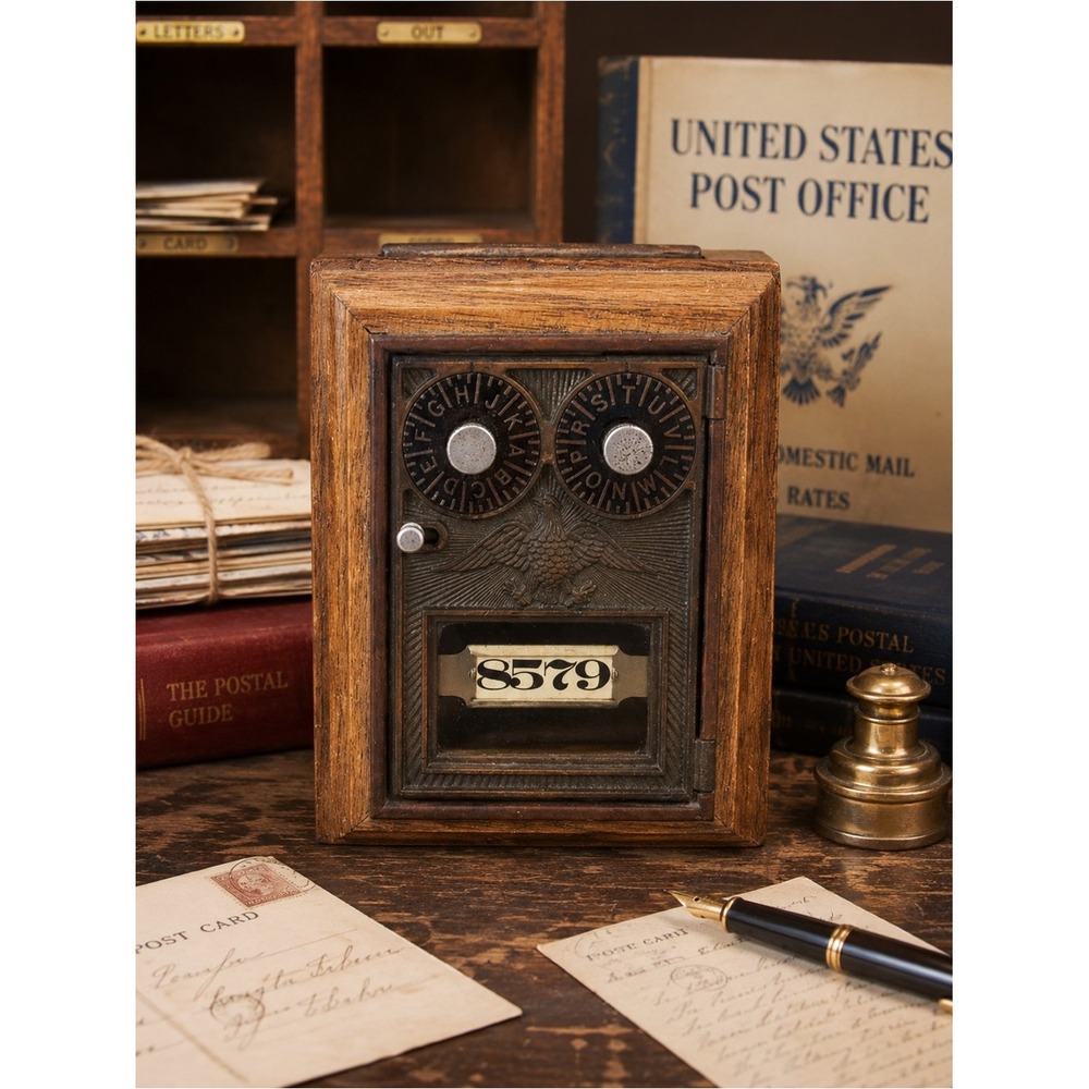 Vintage Post Office Lock‎ Box Coin Bank Wood Brass Continental Gum Mailbox